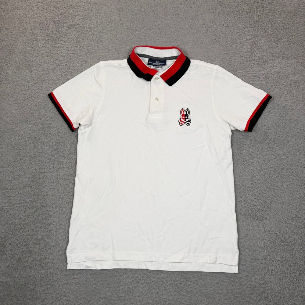 Psycho Bunny Mens White Polo Shirt Red Black Tipped Collar Logo Size 3 XS